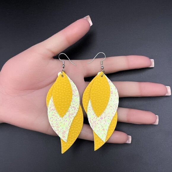 Yellow Faux Leather with Sequin Layered Leaf 316L Stainless Steel Hook Earrings - Picture 10 of 10